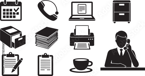 Black office icons calendar phone laptop filing cabinet printer man on phone cup checklist date