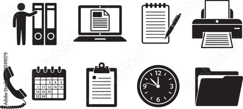 Black office icons person filing laptop printer notepad phone calendar clock folder business work