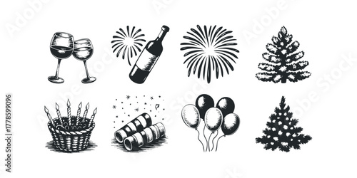 Collection of Festive Celebration Icons with Wine and Trees