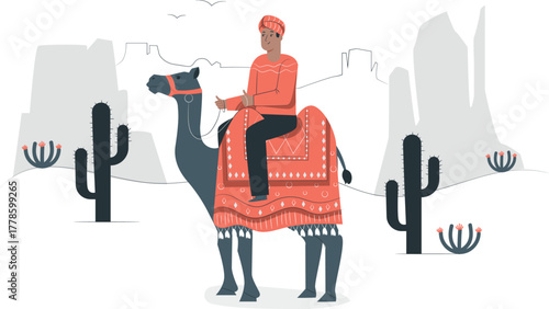 Man riding a camel in a desert landscape vector illustration