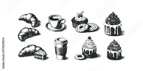 Collection of Hand Drawn Pastries and Coffee