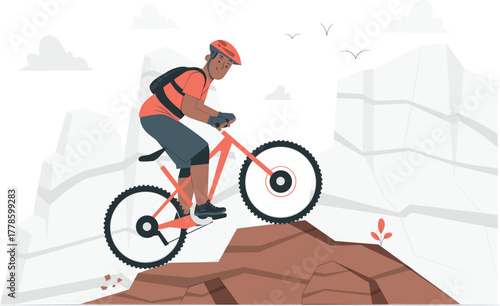 Man riding mountain bike on rocky terrain with birds flying mountain biking cyclist