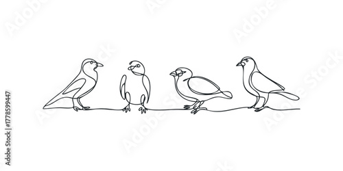 Four birds perched on a branch in continuous line drawing style