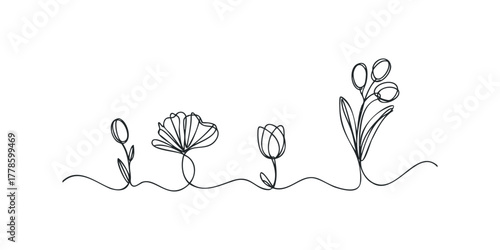 Continuous line drawing of various flowers growing
