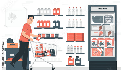 Man shopping for groceries in supermarket with cart retail store