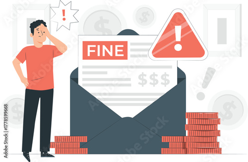 Man stressed by fine notice in envelope with coins Keywords: man, stressed, worried, concerned