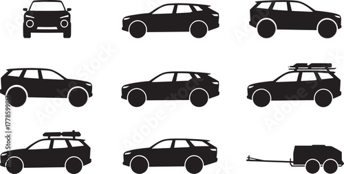 Black silhouette S U V and trailer icons various angles on white background vehicle
