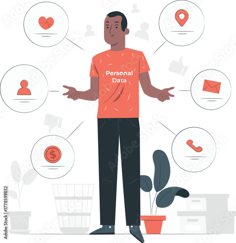 Man surrounded by icons representing personal data and online activity technology privacy