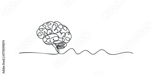 Abstract continuous line drawing of human brain and thought process