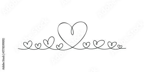 Continuous line drawing of multiple hearts