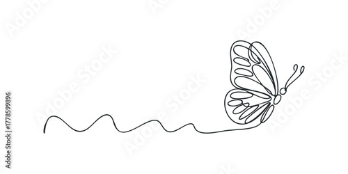 Minimalist single line drawing of a butterfly with wavy line trail
