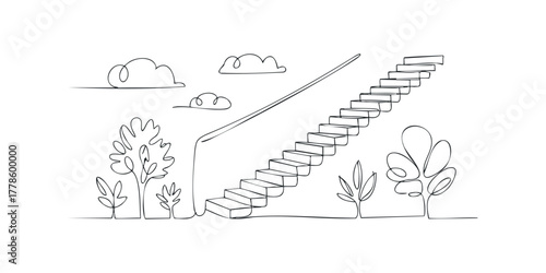 Continuous line drawing of ascending stairs among trees and clouds