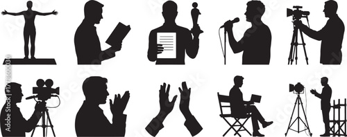Black silhouettes of people in various poses and activities on white background person woman