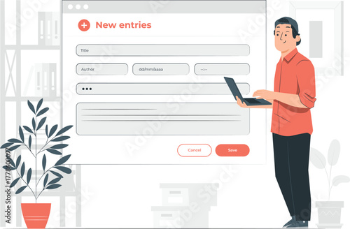 Man Using Laptop to Fill Out New Entry Form person computer