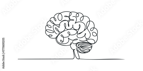 Continuous line drawing of a human brain on white background