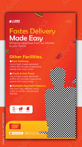 Fast food delivery service advertisement with man on bicycle holding paper bag