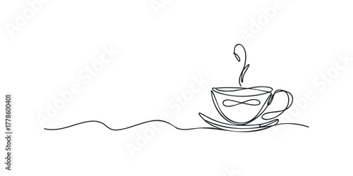 Line art of steaming coffee cup with infinity symbol