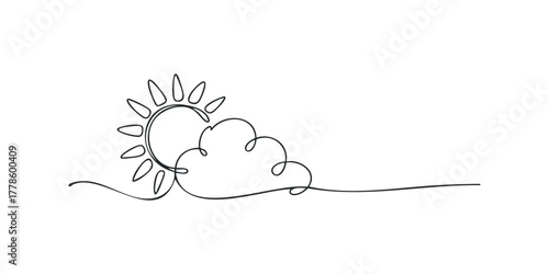 Single line drawing of a sun and cloud