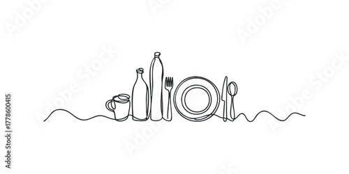 Line drawing of tableware and bottles