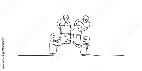 Four figures connect puzzle pieces in teamwork