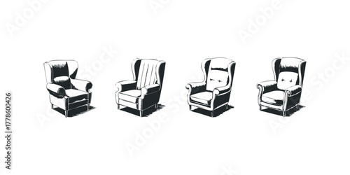 Four Armchairs in a Row Monochromatic Graphic