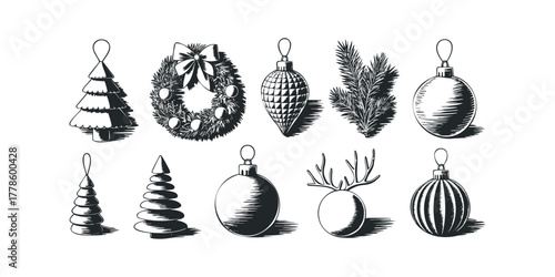 Collection of vintage Christmas ornaments and tree icons