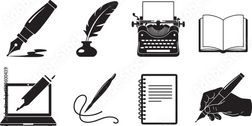 Collection of black writing and typing tools on white background quill