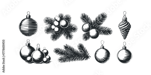 Vintage Christmas Ornaments and Pine Branches Engraving Style