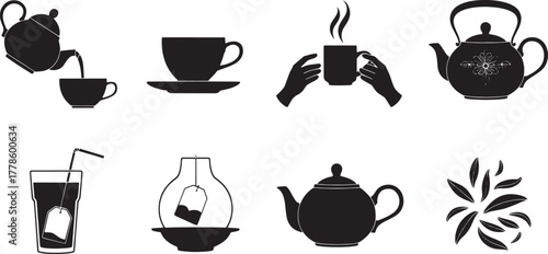 Collection of eight black minimalist tea and coffee related icons teapot