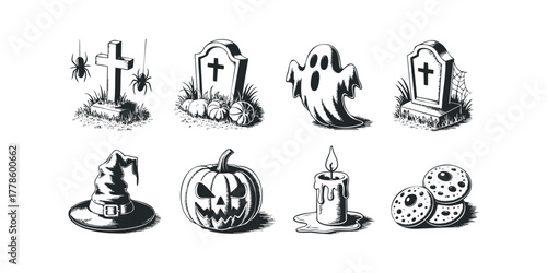 Halloween collection with pumpkins, ghosts, and spiders