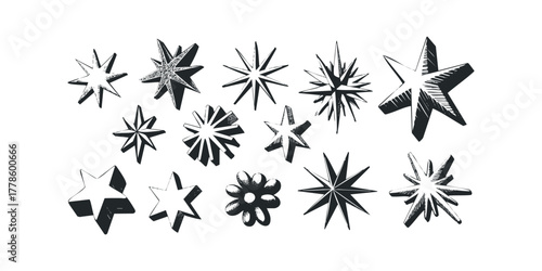 Collection of star shapes with varied spikes and shading