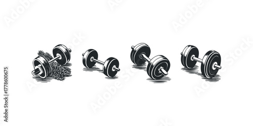 Line art of dumbbells and pine needles
