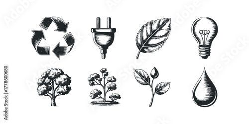 Environmental Icons Recycle Plug Leaf Lightbulb Tree Water Drop