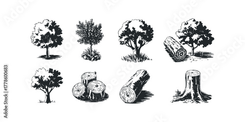 Collection of Stylized Trees and Wood Logs
