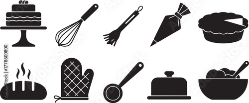 Collection of nine black baking and cooking icons on white background vector