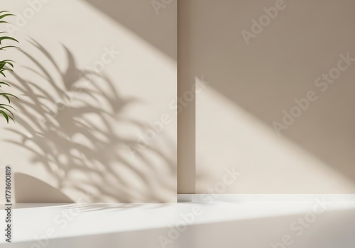 Minimal empty white marble stone counter table top, green tree in sunlight, leaf shadow on beige brown stucco cement wall for luxury organic cosmetic, skincare, beauty treatment product background 