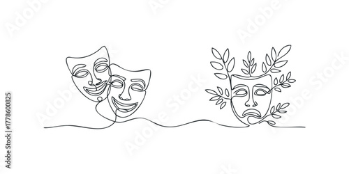 Theater masks representing joy and sorrow with foliage accent