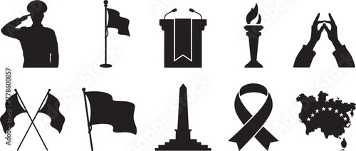Collection of nine black patriotic silhouette icons on white background salute soldier