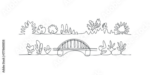 Continuous Line Drawing of Bridge and Foliage Elements