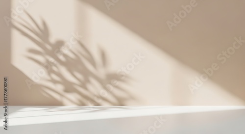 Minimal empty white marble stone counter table top, green tree in sunlight, leaf shadow on beige brown stucco cement wall for luxury organic cosmetic, skincare, beauty treatment product background 