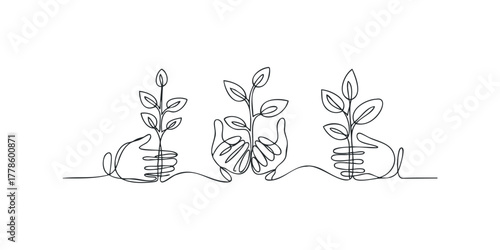 Three hands gently holding small plants
