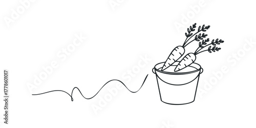 Line art bucket filled with carrots and flowing line