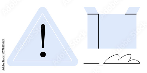 Caution triangle with exclamation mark beside an open cardboard box and motion lines. Ideal for logistics, shipping, safety, information, alert, hazard, delivery themes. Simple flat metaphor