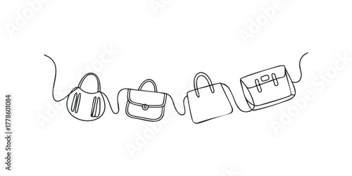 Hand drawn line art of diverse handbags arranged in a row