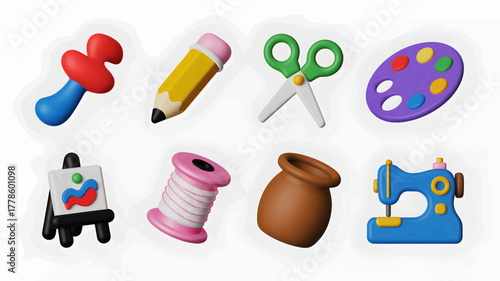 Set of 3D art and craft icons including sewing machine paint palette and pencil isolated on white background