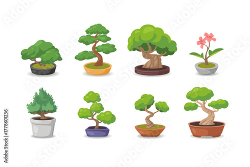 Set of bonsai tree illustrations various shapes and sizes vector design for gardening and landscaping projects