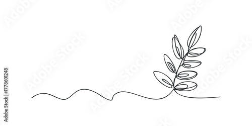 Minimalist one line drawing of a growing plant stem with leaves