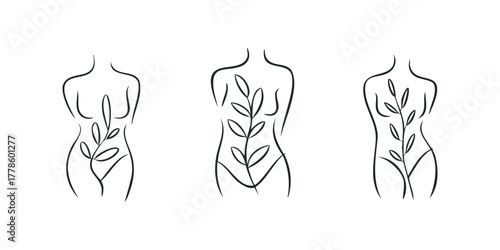 Minimalist line art of three feminine forms with botanical accents