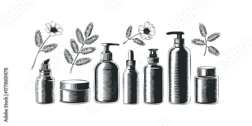 Collection of Sketched Skincare Bottles and Botanical Elements