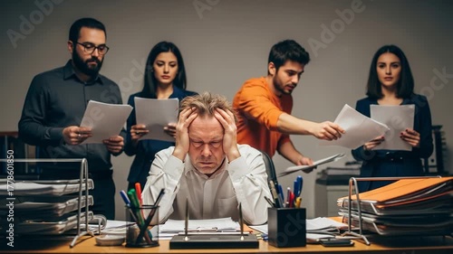 Overwhelmed businessman with head in hands, stressed by workload